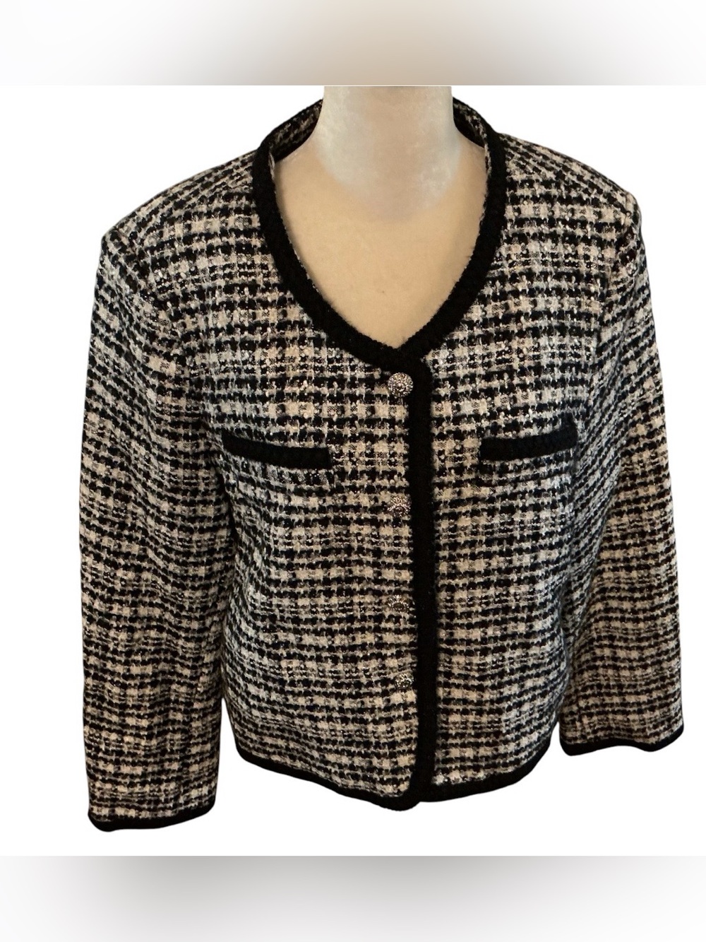 Simple Retro Bouclé Tweed Wool Blend Jacket Sz L Black White Buttons 60s Style